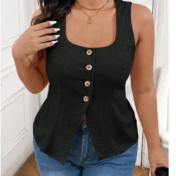 Plus Linen Button Down Sleeveless Minimalist Tank Top - Picture 2 of 9